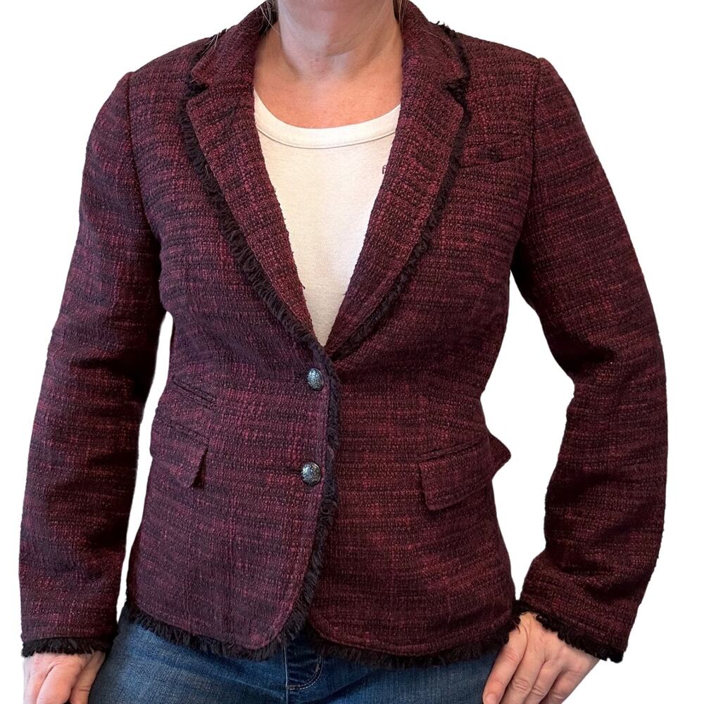 Vintage 90s Burgundy & Black Blazer w. Fringe Edging, Size 12P